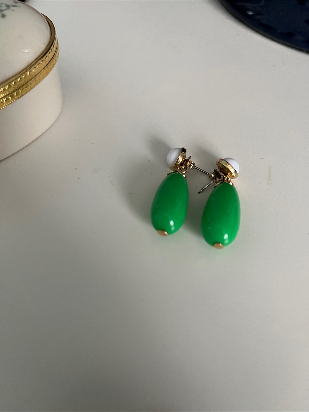 Vintage Green Teardrop and White Stud Gold-Tone Earrings